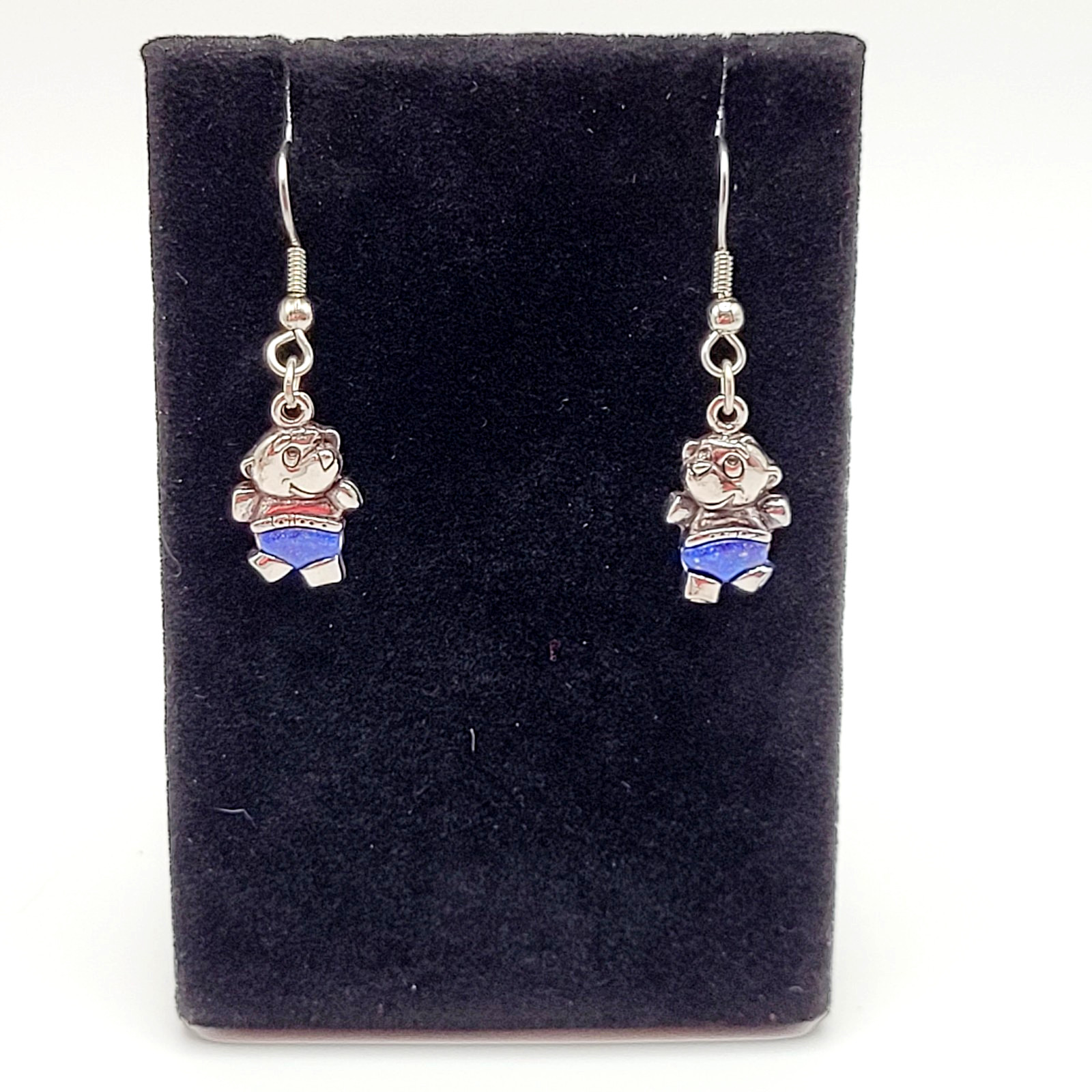 SW Waldeck Johnson Teddy Bear Lapis Lazuli Silver Tone Pierced Hook Earrings