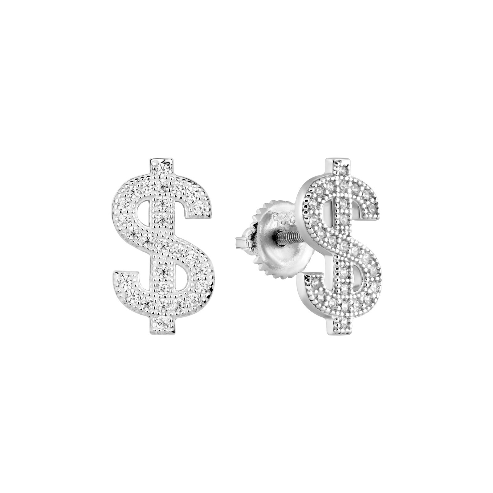 Real 925 Sterling Silver Dollar Sign Earrings for Men, Women Money Shape CZ