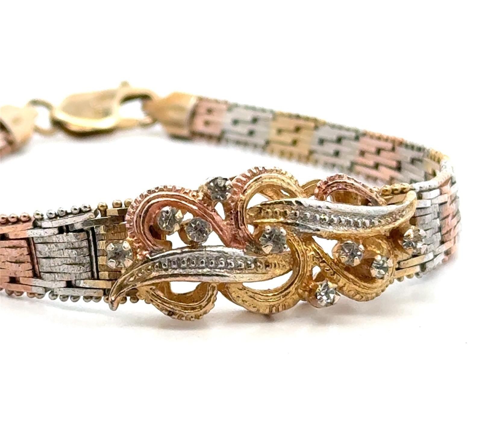 8” 925 Sterling Silver Tri Color Gold Plate CZ Riccio Bracelet, 16.8g