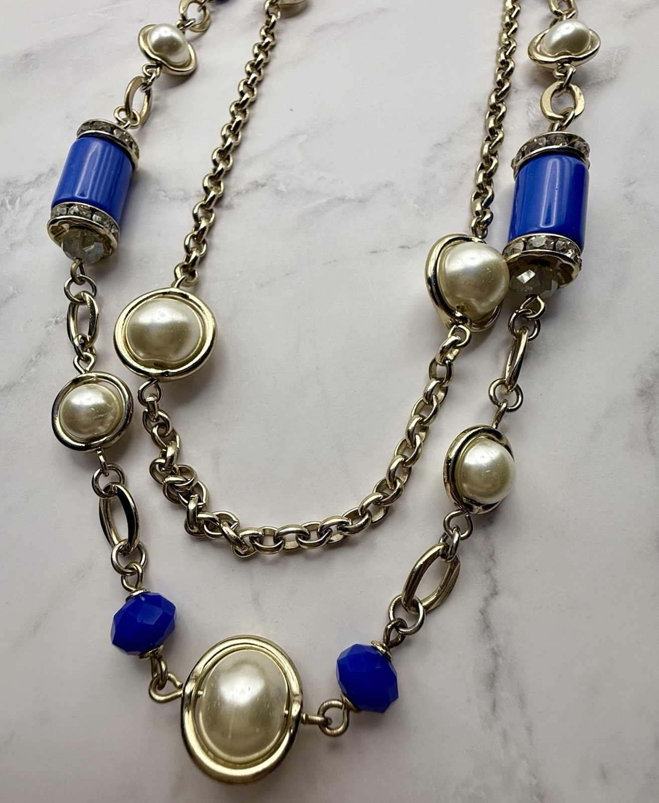 WHBM Convertible 3 in 1 Necklace Cobalt Pearl 38″ Champagne Gold Tone SportGlam