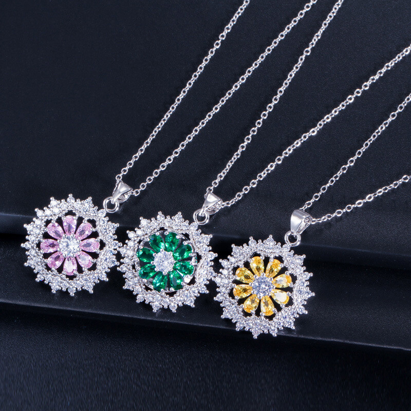 Pretty Flower Pendant Necklace Earrings Ring Set Silver Plated Women CZ Jewelry