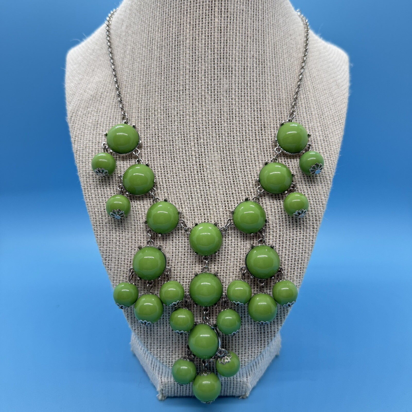 Lime Green & Silver Tone Retro Bohemian Bib 22-24″ Adjustable Necklace Chunky