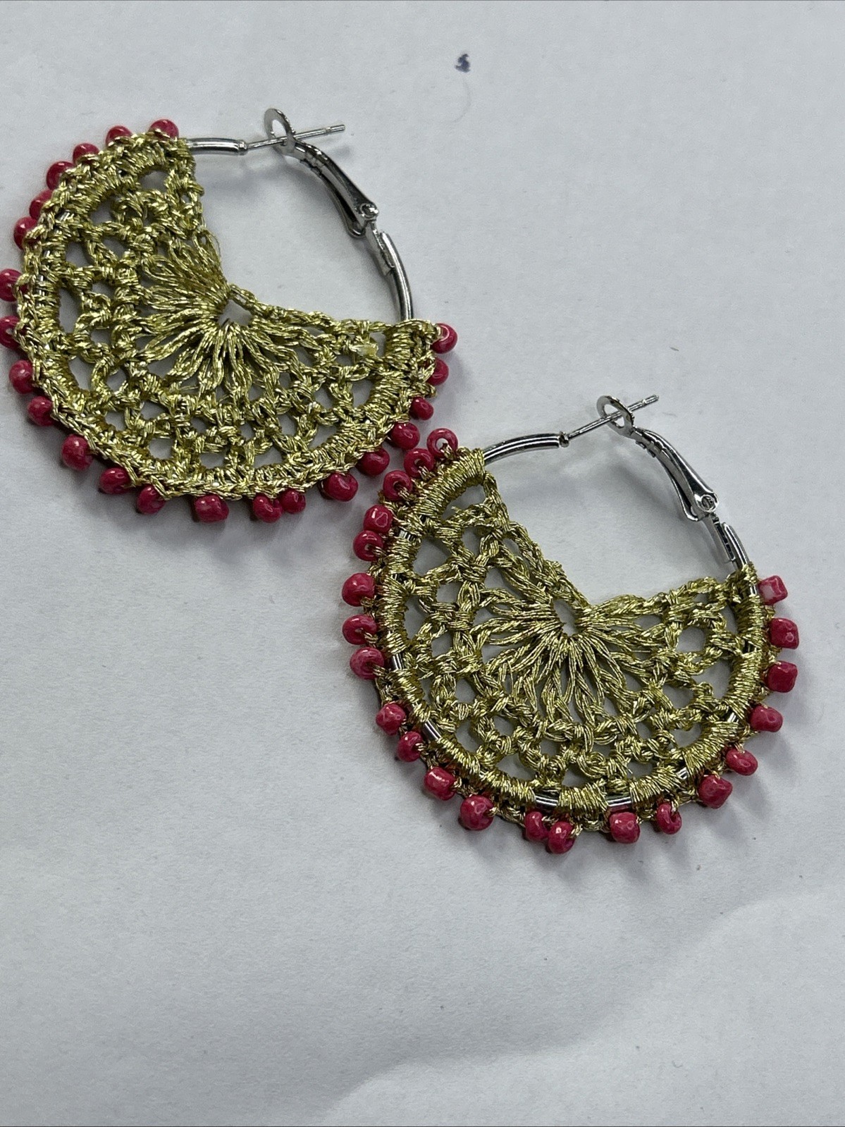 Crochet Handcraft Gold and Pink Beaded Earring Dangle Drop Earrings Gift UK New