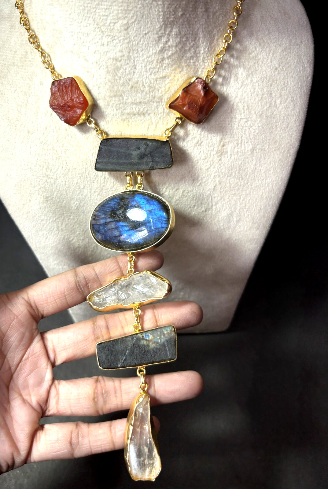Multi Necklace carnelian Rough Labourdite Rough Necklace Long Jewelry.
