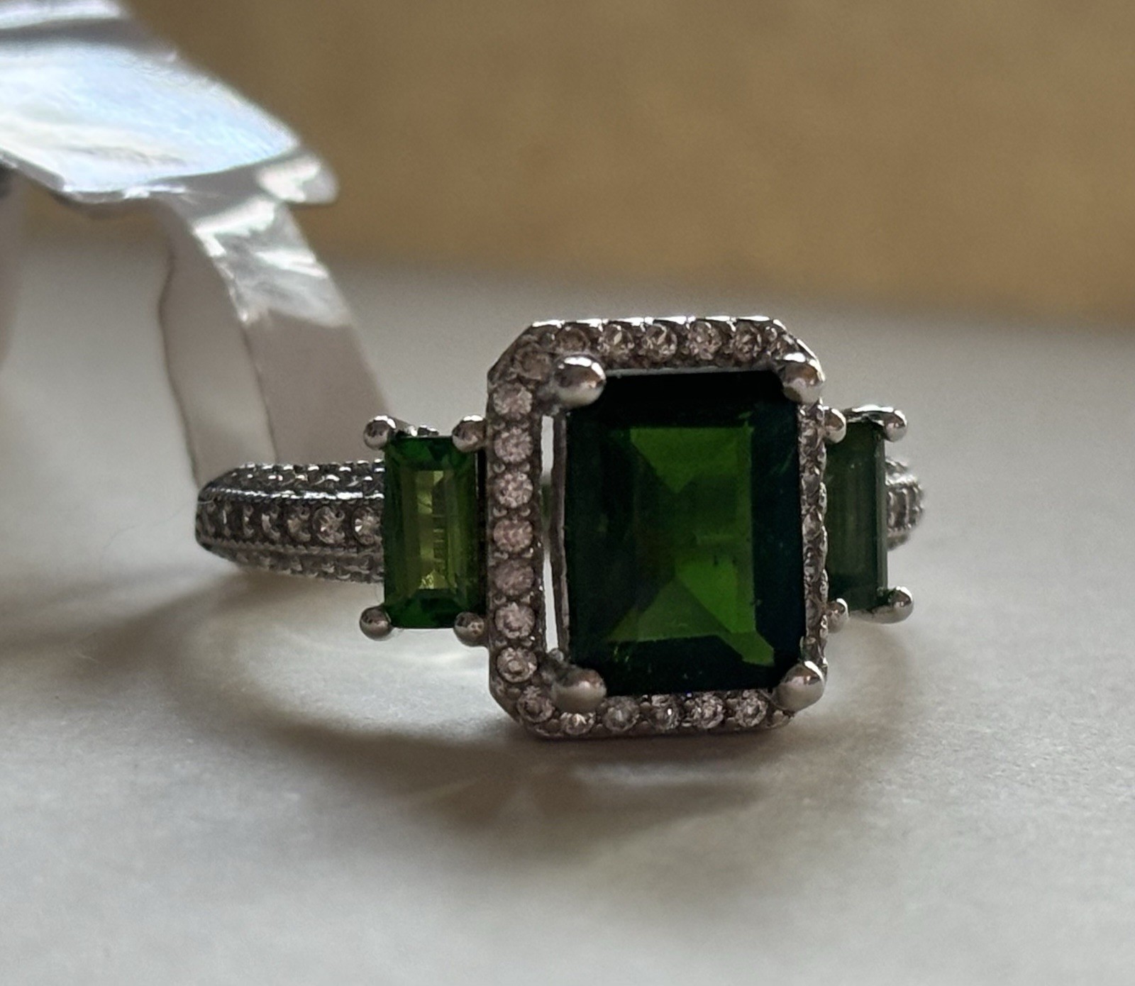 925 Silver Russian Chrome Diopside Emerald Cut Halo Cocktail Ring Prong Set Sz 6