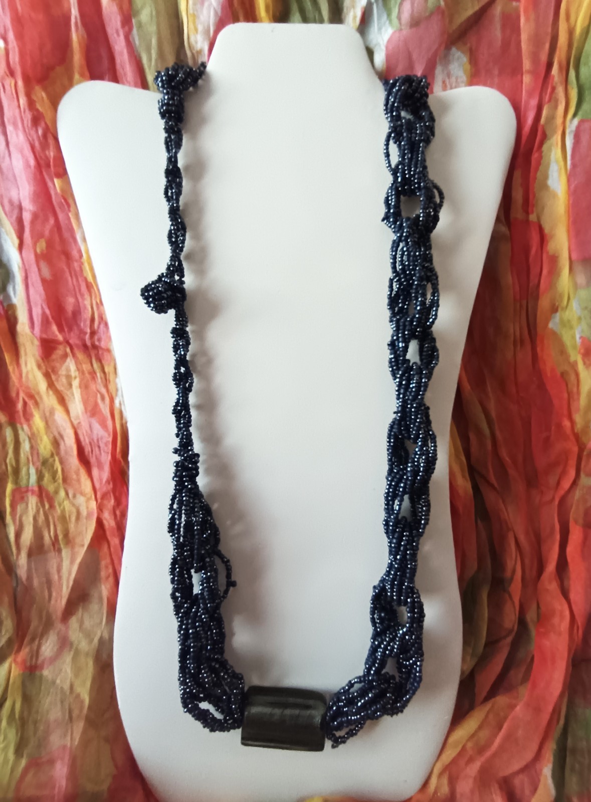 Black Multifilire Jais Necklace Crafted with Braided Rings. 80 cm long