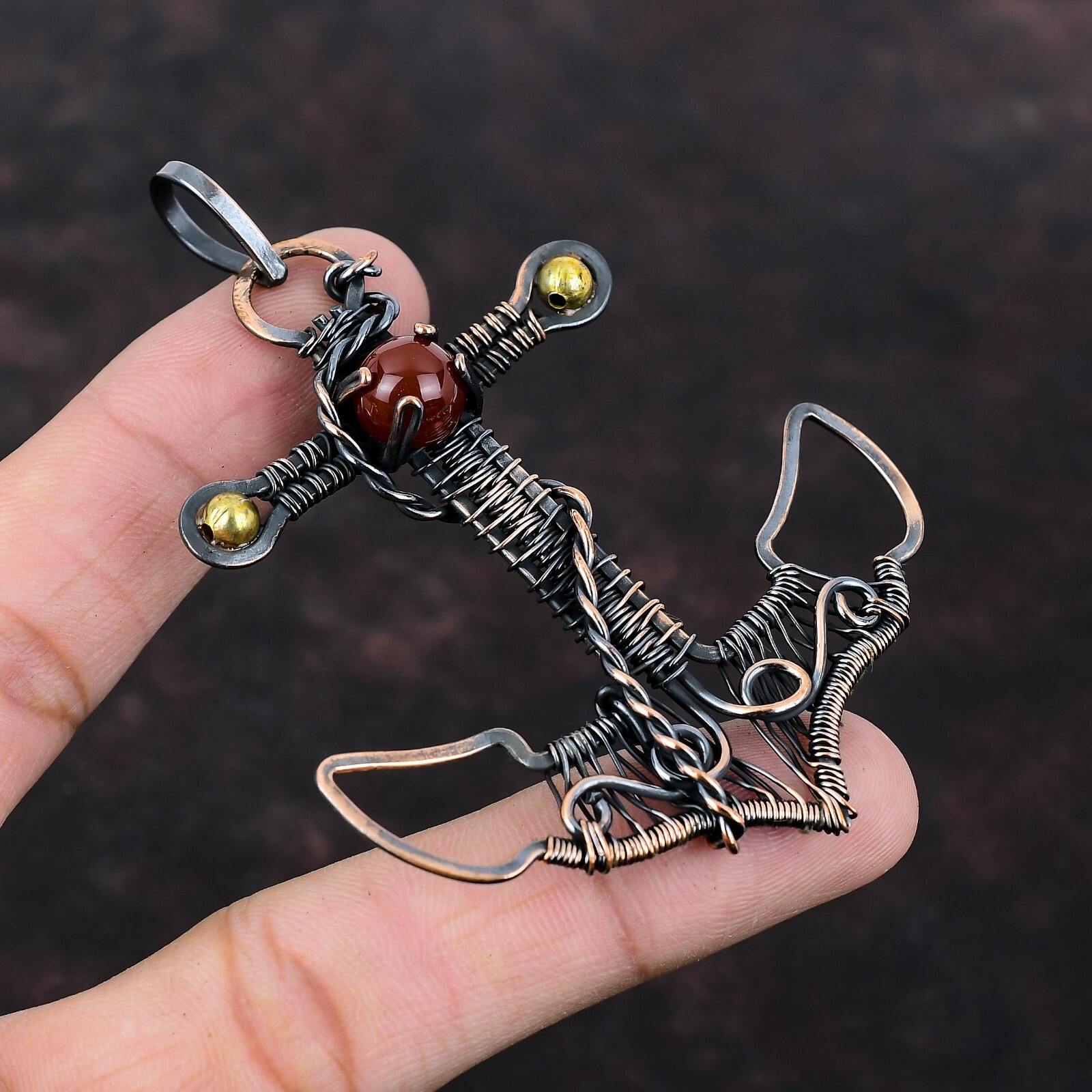 Carnelian Copper Gift For Bridesmaid Wire Wrapped Anchor Pendant 3.35″