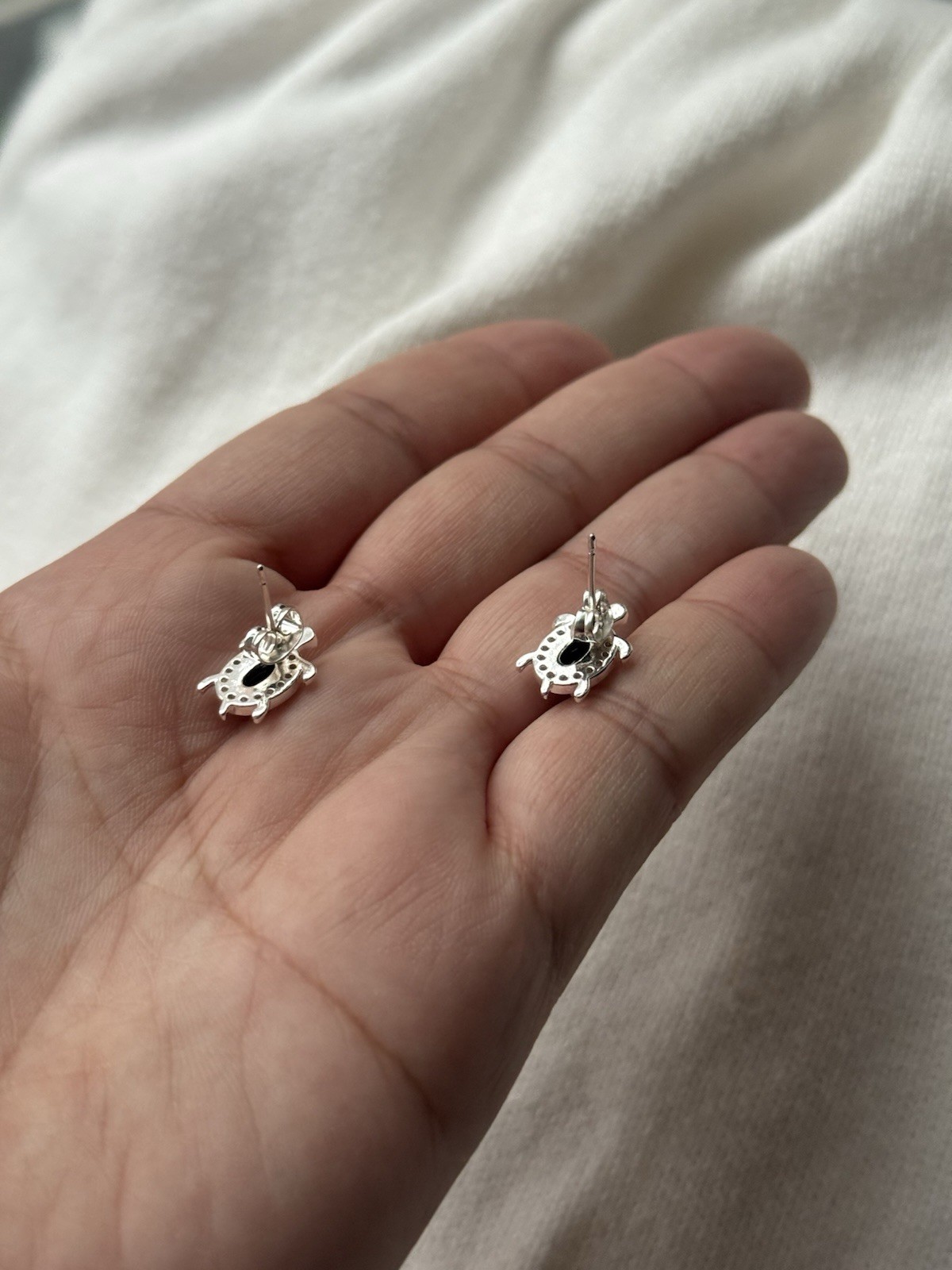 Silver Tone Turtle Stud Earrings with Black Oval Gemstone and Rhinestone