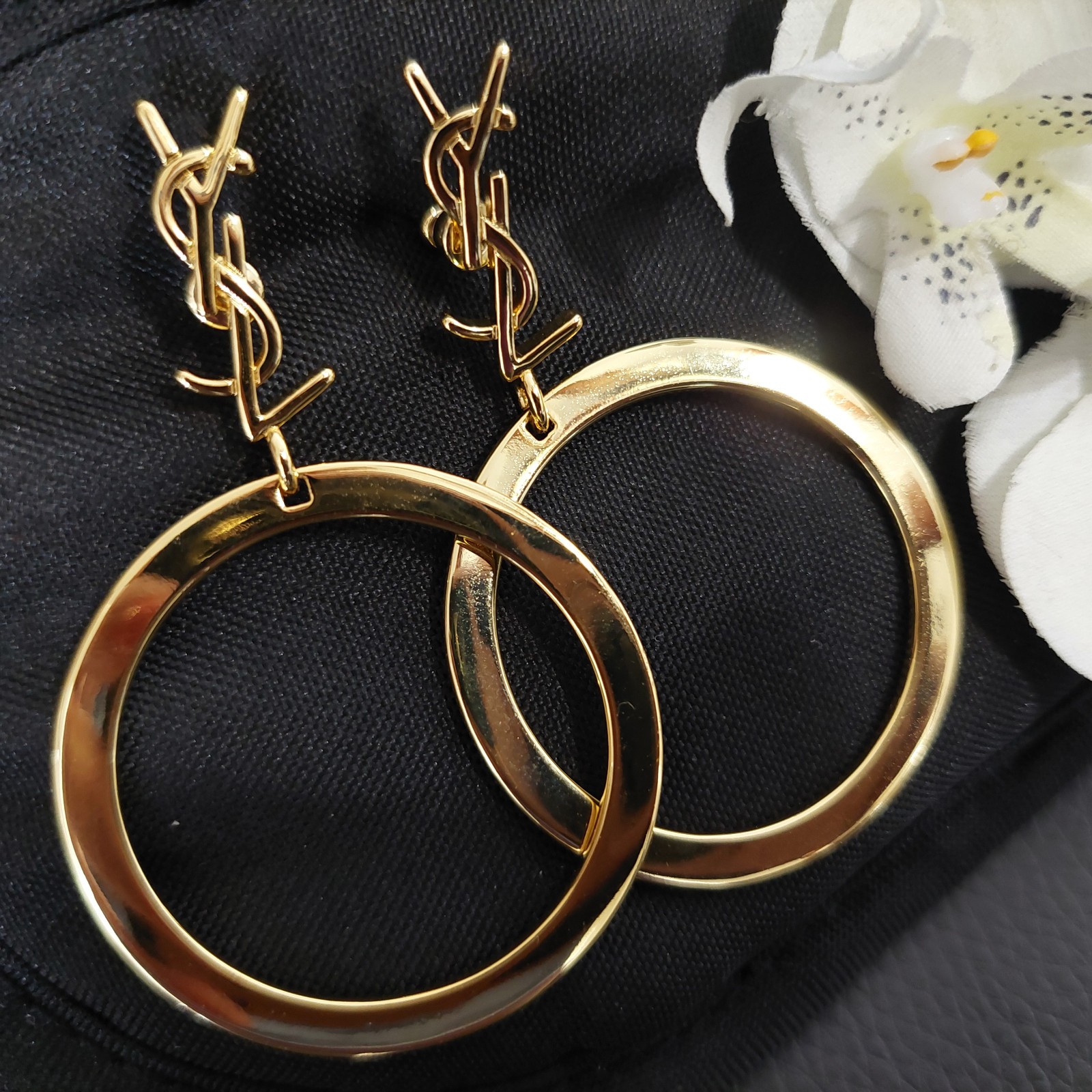 Auth. YVES SAINT LAURENT YSL LOGO Large Dangle HOOP EARRINGS Gold Tone