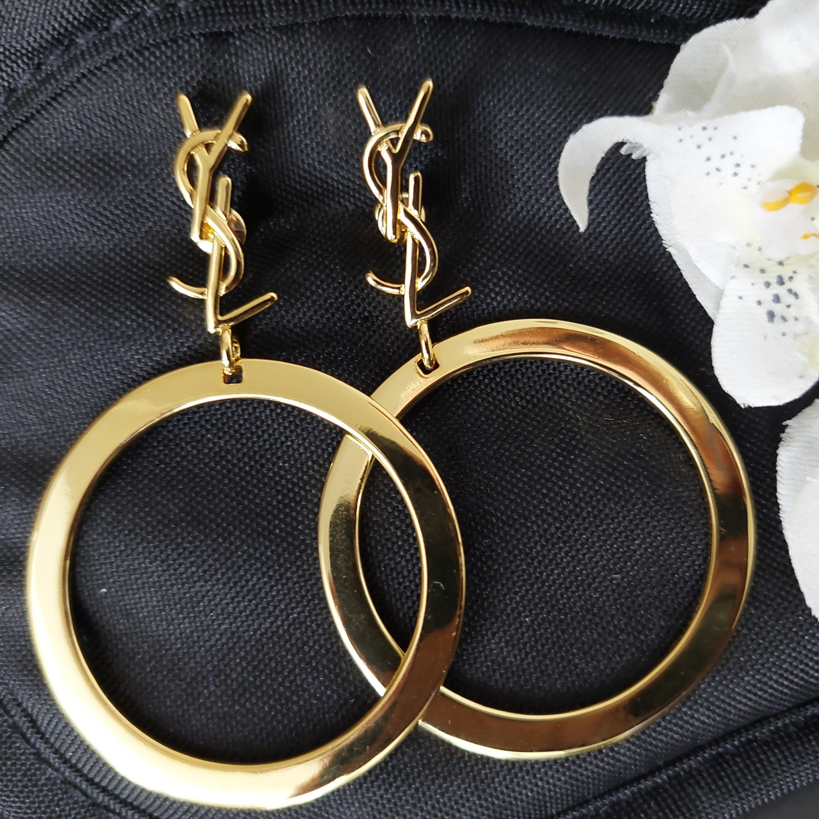 Auth. YVES SAINT LAURENT YSL LOGO Large Dangle HOOP EARRINGS Gold Tone