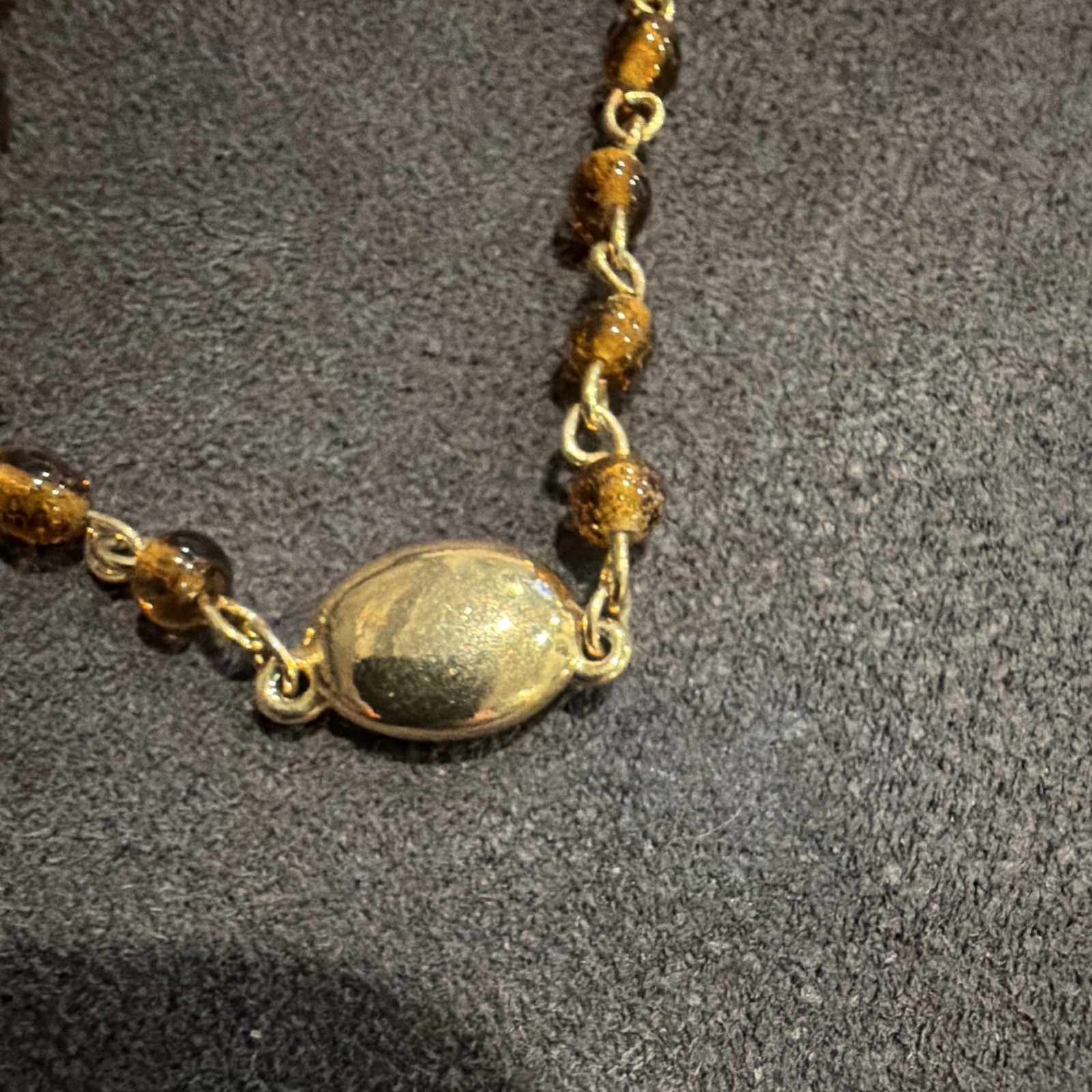 Gold Tone Brown Beaded Oval Charm Pendant Cable Chain Necklace Lobster 12-18″
