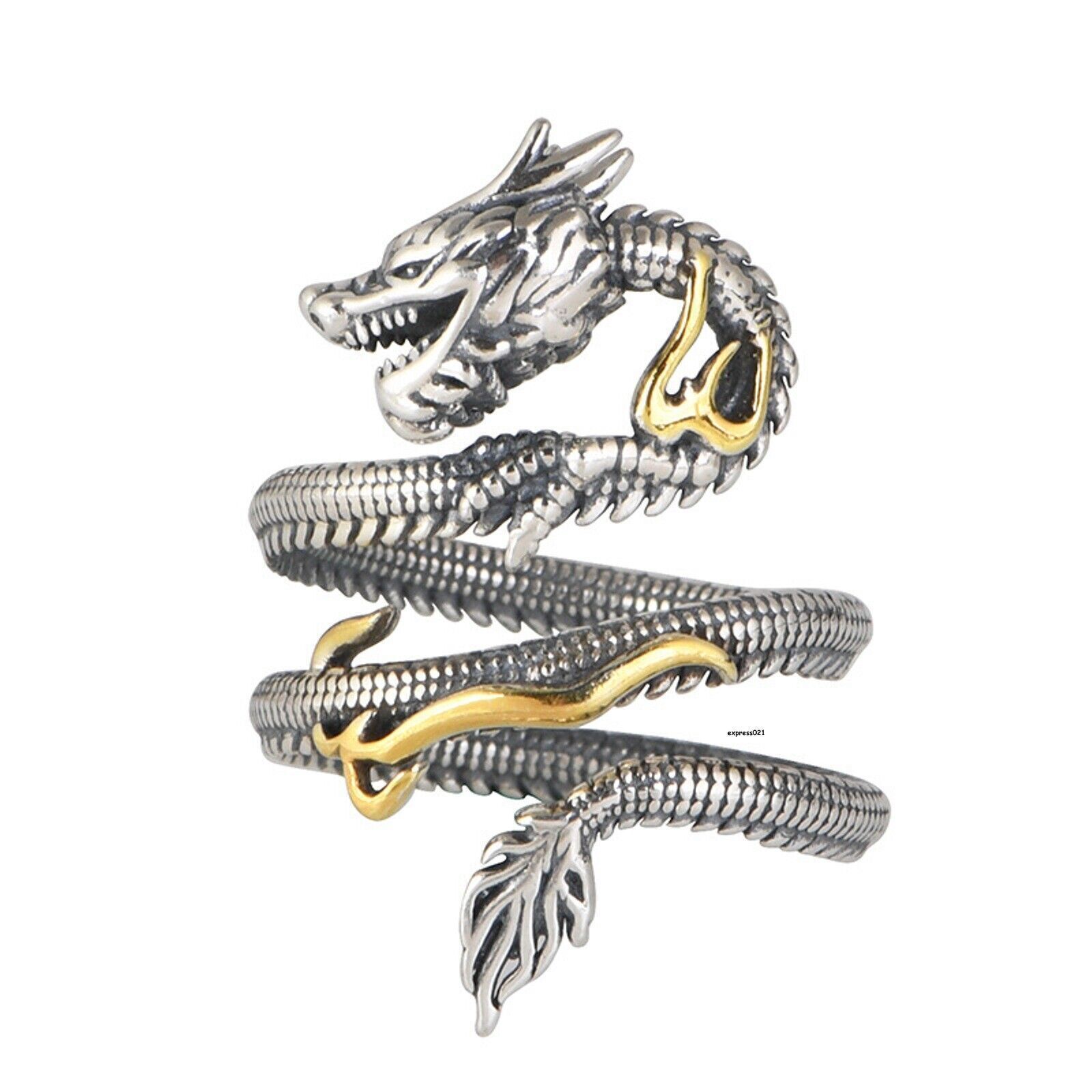 Real Solid 925 Sterling Silver Men Women Gift Lucky Carved Flame Dragon Ring