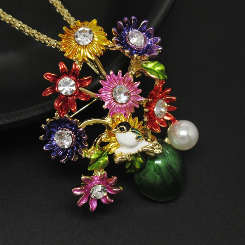 Fashion Women Colorful Enamel Cute Flower Vase Crystal Pendant Necklace