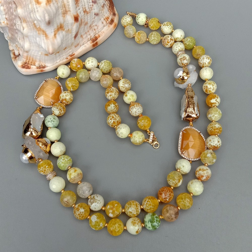 2 Rows Yellow Faceted yellow Agate Druzy White Biwa Pearl Crystal Necklace