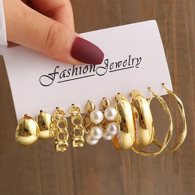 1set Gold Vintage Pearl Earrings Geometric Dangle Drop Earrings for Women – NEW
