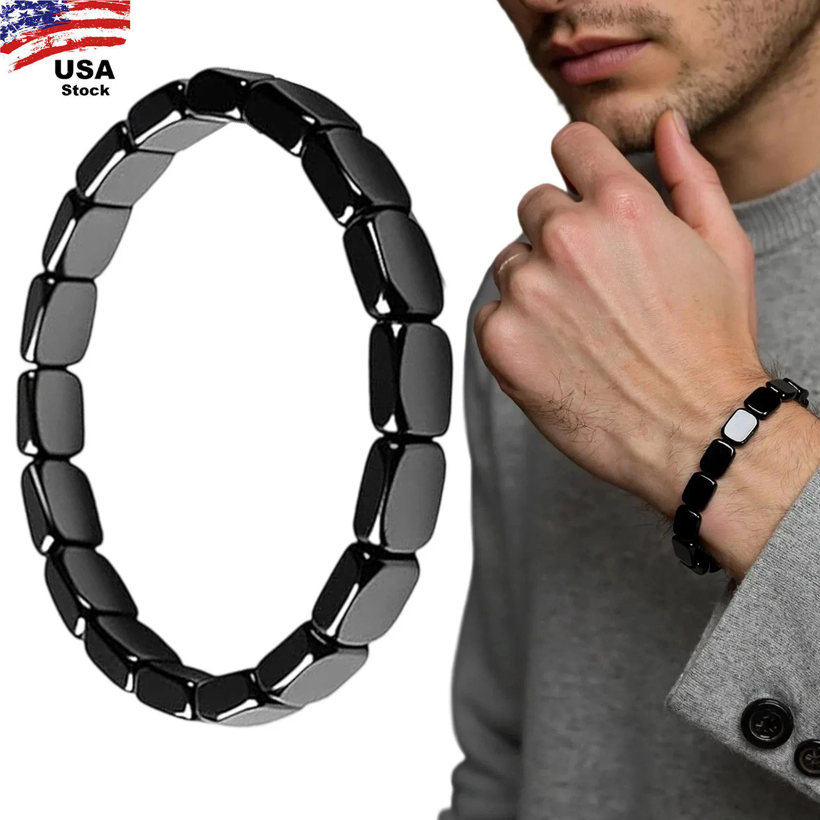2Pcs Hematite Bracelet for Men Natural Black Energy Healing Reiki Bracelet Gift