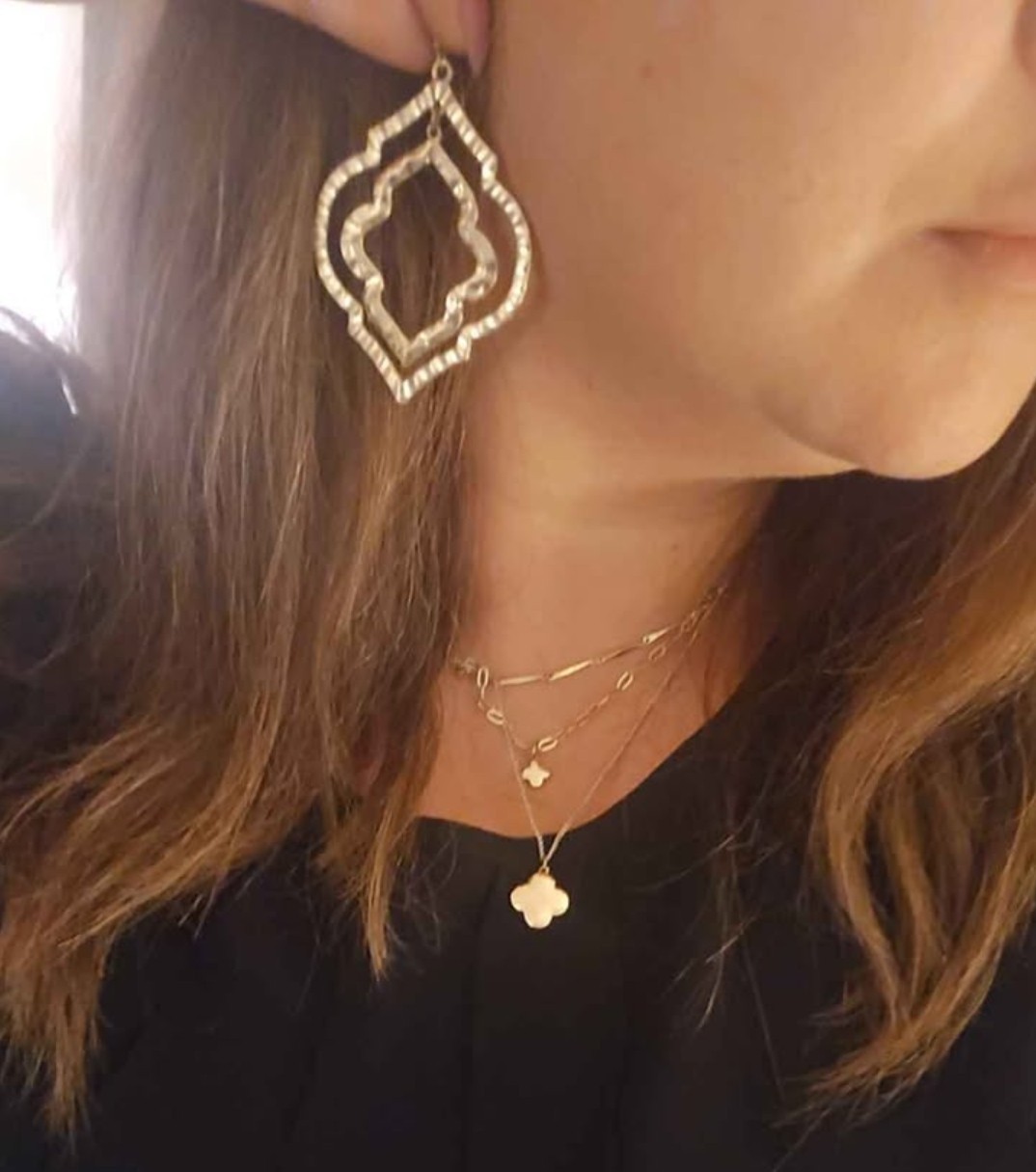 Gold Tone Hammered Quatrefoil Dangle/Drop Hook Earrings