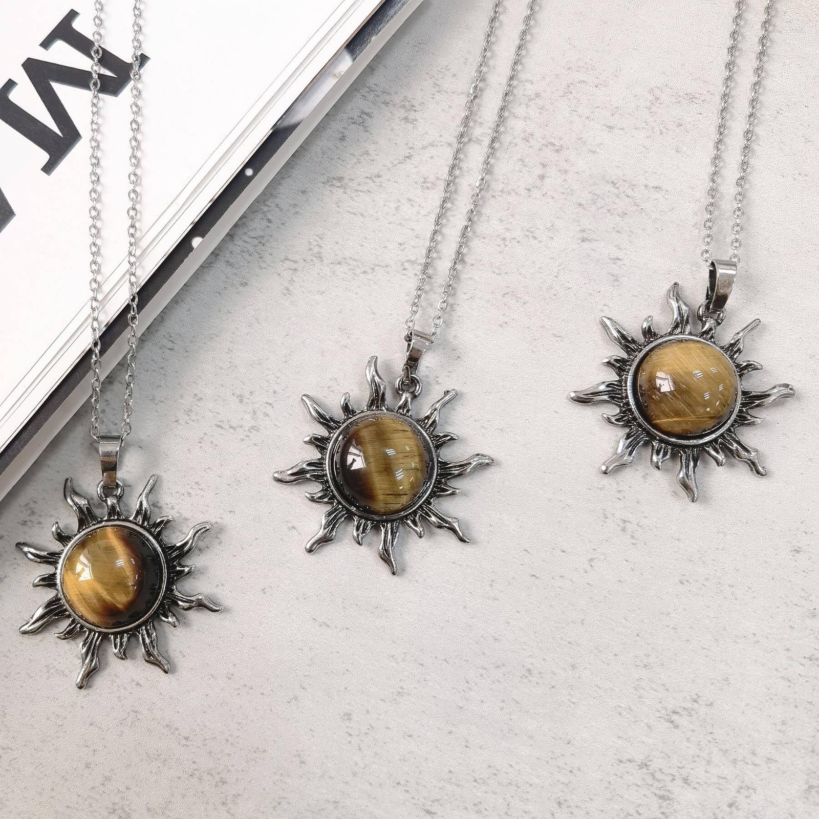 Tiger Eye Necklace, Natural Tiger Eye Stone Sun Pendant Necklace, Handmade He…