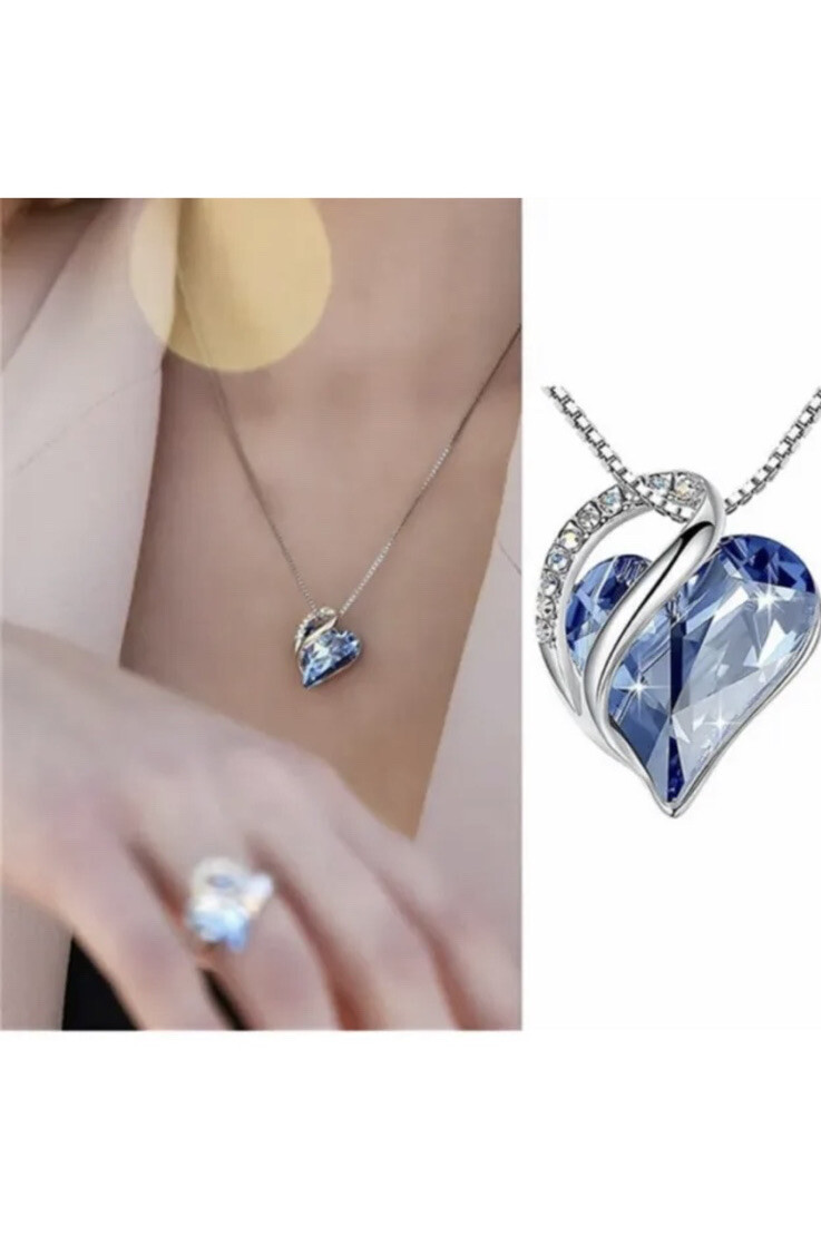 Women Birthstone Heart Silver Necklace Love Crystal Pendant Lady Fashion Gift