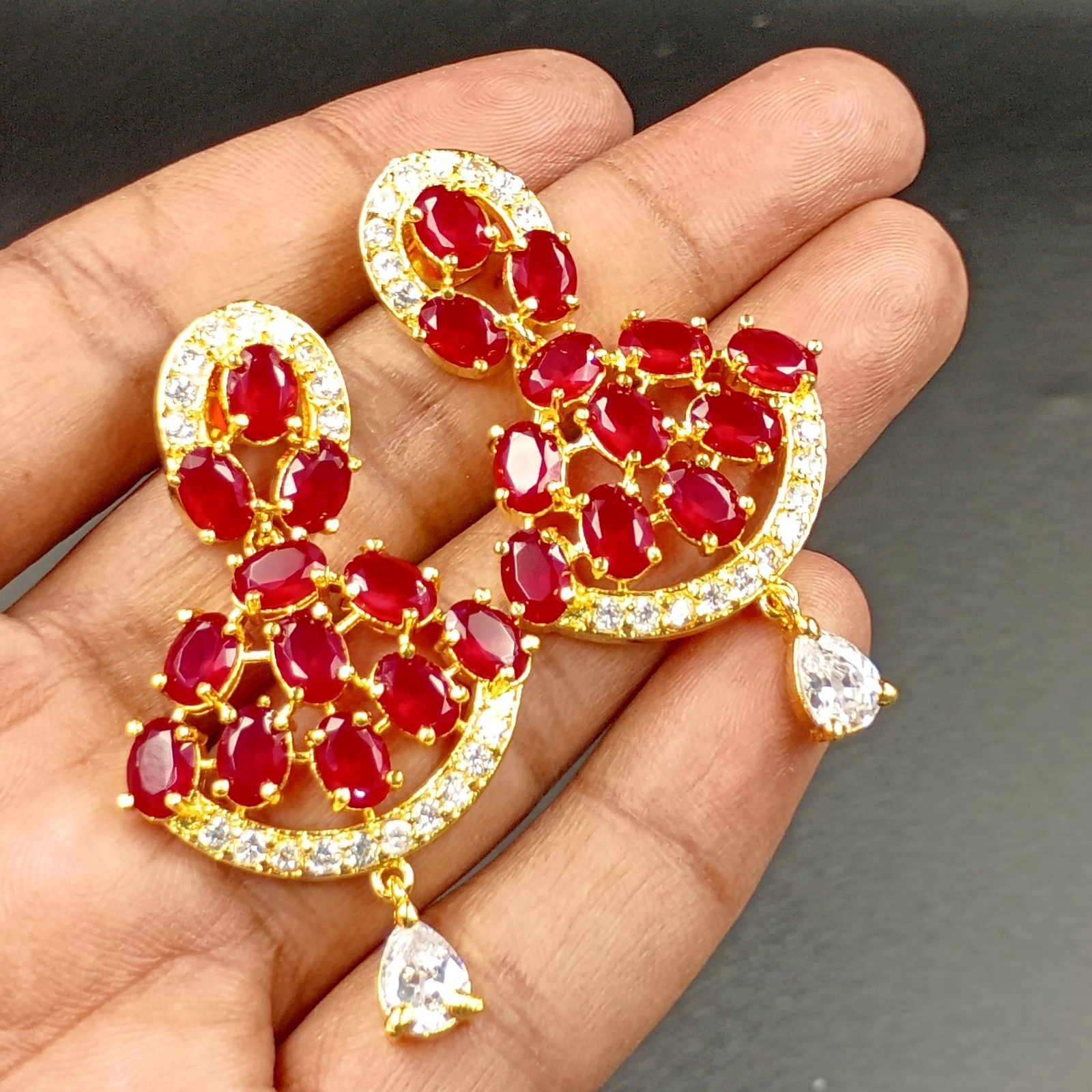 Bollywood 22K Gold Plated Ruby Necklace Set Traditional Wedding Wear Oval Stone