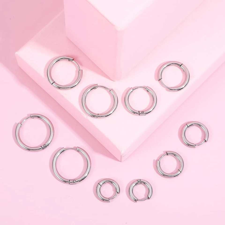 5 Pairs Titanium Hoop Earrings Silver Huggie Hoops 8-16mm Women Men