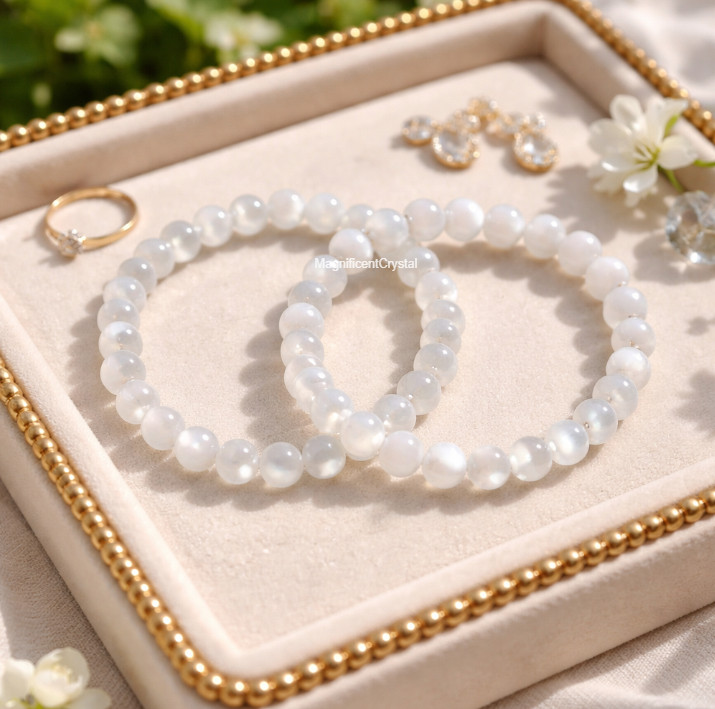 2PCS Genuine Selenite Bracelet 8mm Round Beads Crystal Healing Spiritual Jewelry