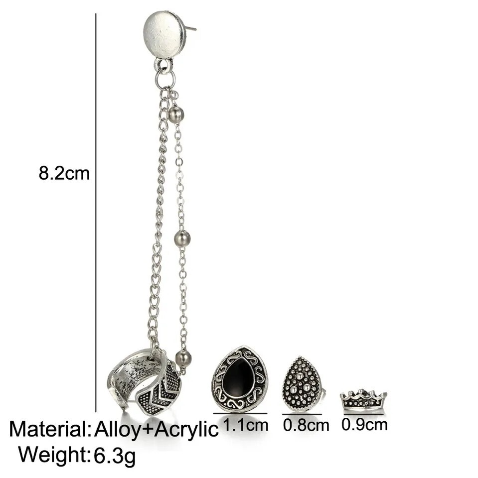 4pcs Stud Bohemian Retro Style Crown Water Droplets Chain Fashion Earrings Cuff