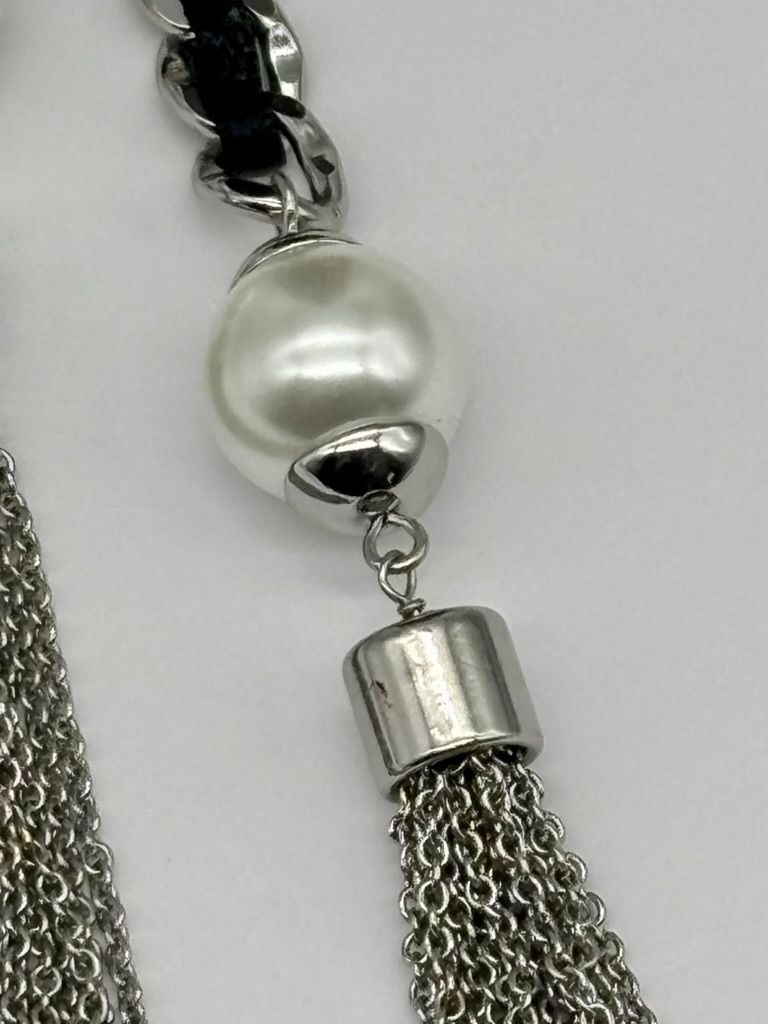 White House Black Market Silver-Tone Links W/Black Ribbon Double Tassel Necklace
