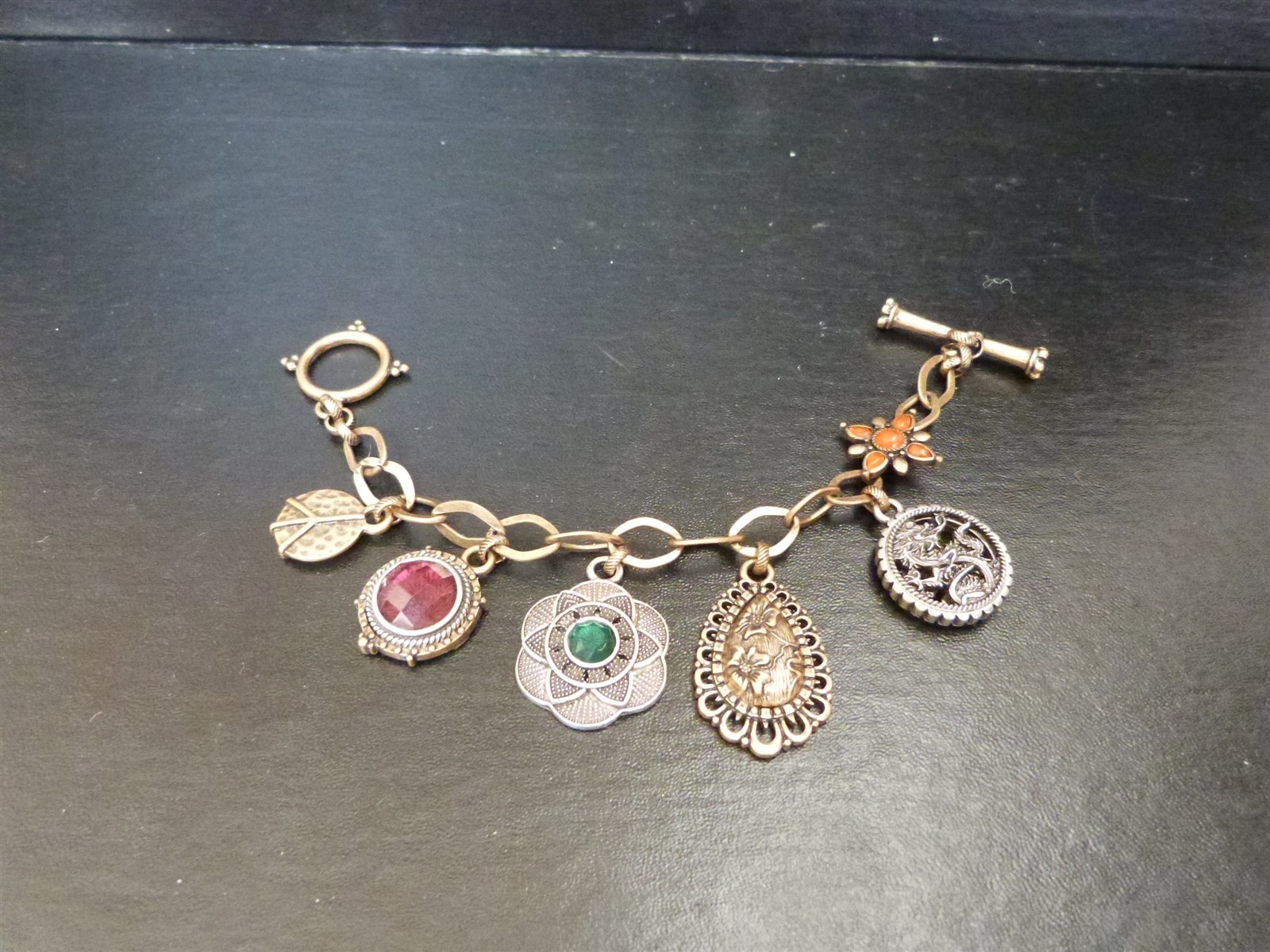 Lucky Brand jewelry lot charm bracelet Asian inspired floral dragon peace sign