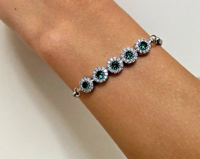 6.5Ct Round Cut Simulated Emerald Wedding Bolo Bracelet 14K White Plated Plated