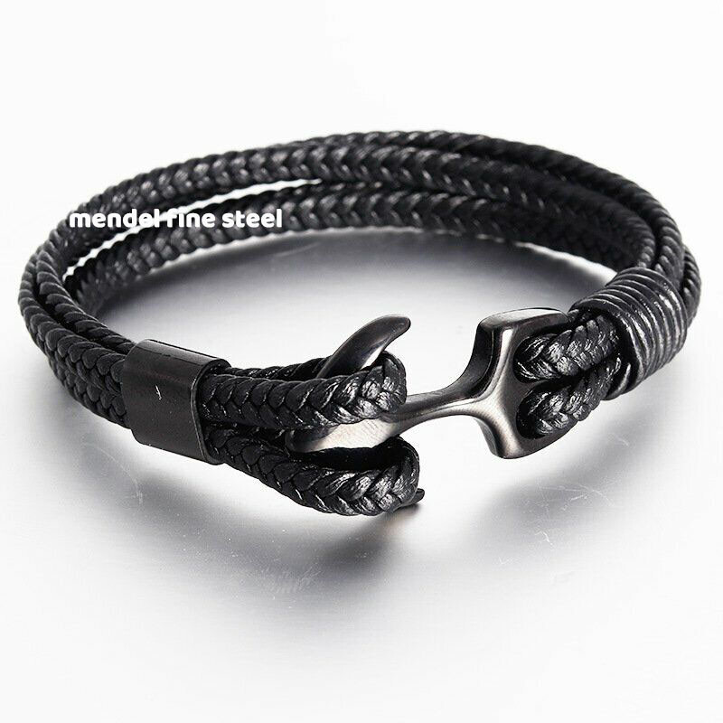 MENDEL Cool 8 Inch Mens Black Stainless Steel Nautical Beach Anchor Bracelet Men