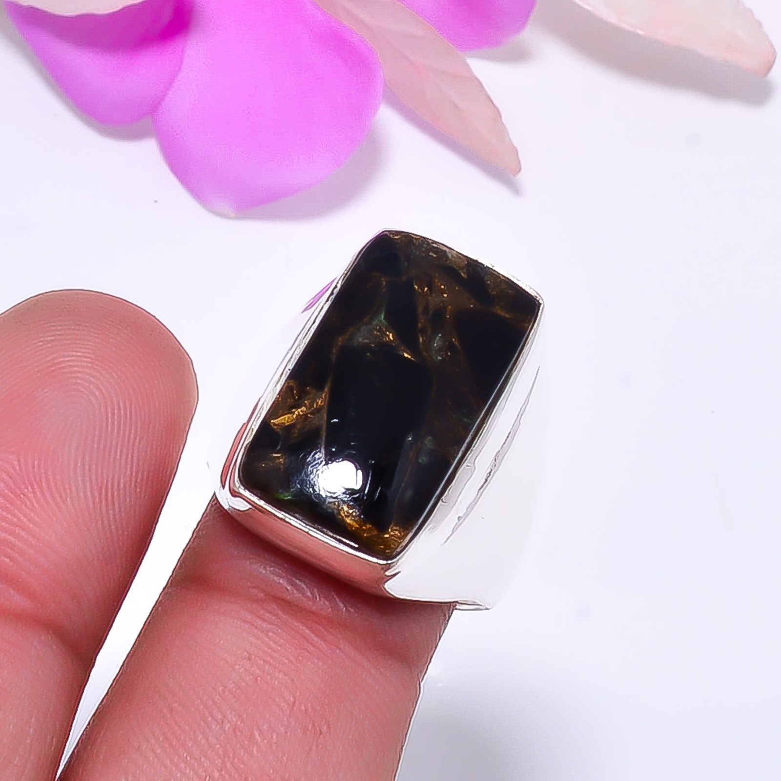 Copper Black Obsidian 925 Sterling Silver Ring S.8.5 R115214