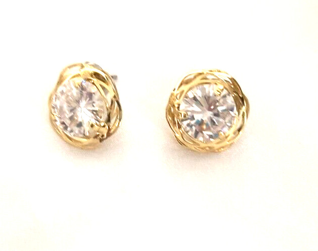 Women’s Earrings Pierced Ears Clear Crystal Gold Tone Button Style Scalloped