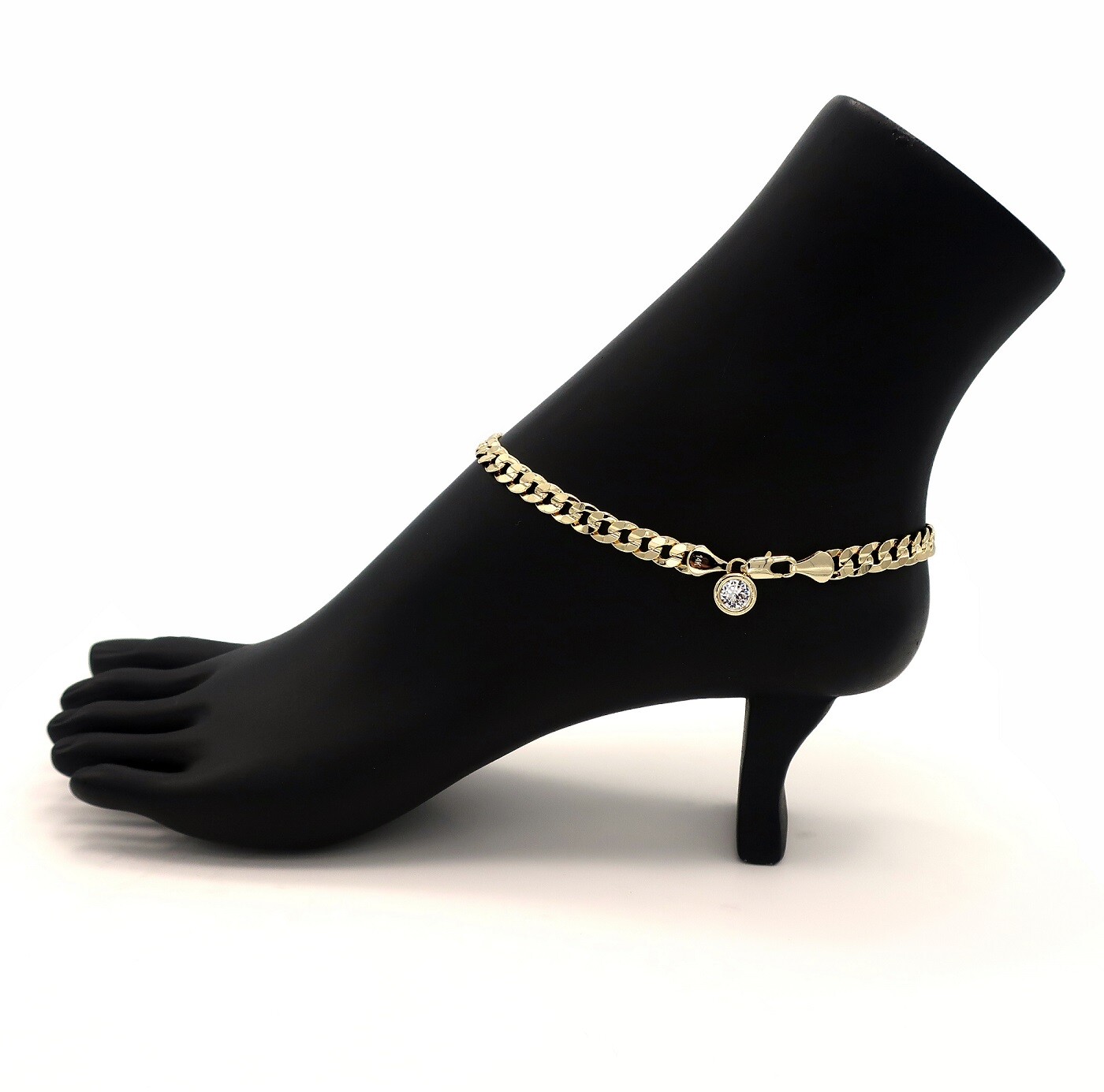 6mm CONCAVE CUBAN LINK CHAIN ANKLET CZ STONE ANKLE BRACELET 14K GOLD PLATED