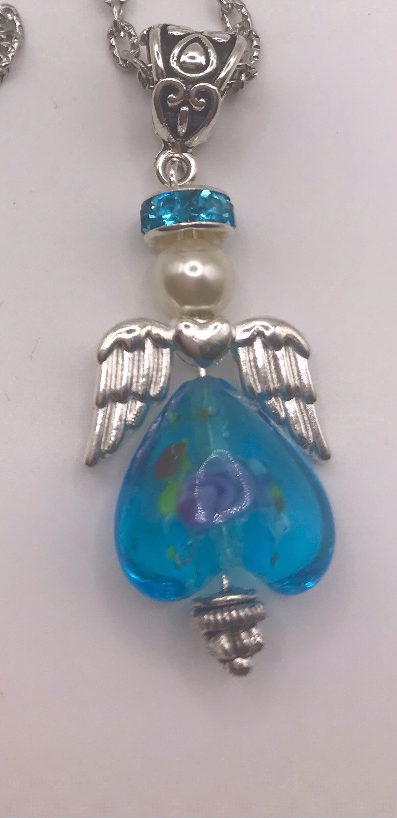 Handmade Angel w/Wings Blue Pink Heart Blue Rhinestone Pendant Necklace w/chain