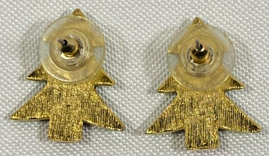 Green and Red Christmas Tree Stud Earrings with Red and Clear Stones Gold Tone