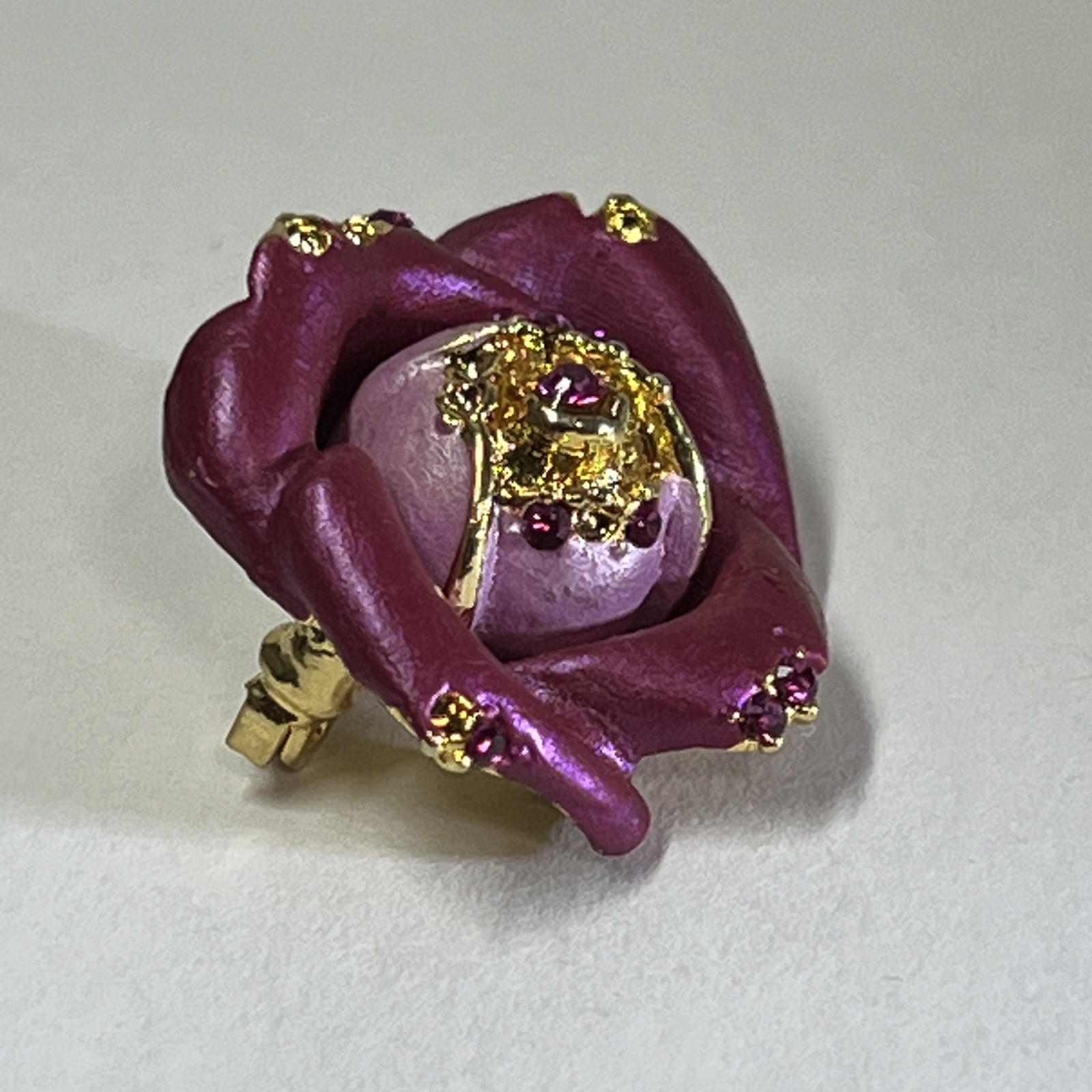 Purple Rose Flower Brooch Pin Gold Tone Metal with Pink Rhinestones 1 in