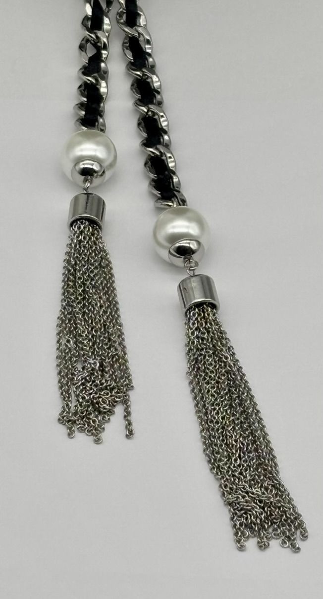 White House Black Market Silver-Tone Links W/Black Ribbon Double Tassel Necklace