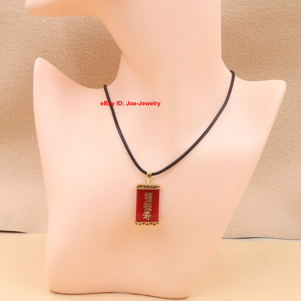NEW Yellow GP Alloy Pendant with Heated Red Jade & Chinese “福禄寿” GOOD LUCK