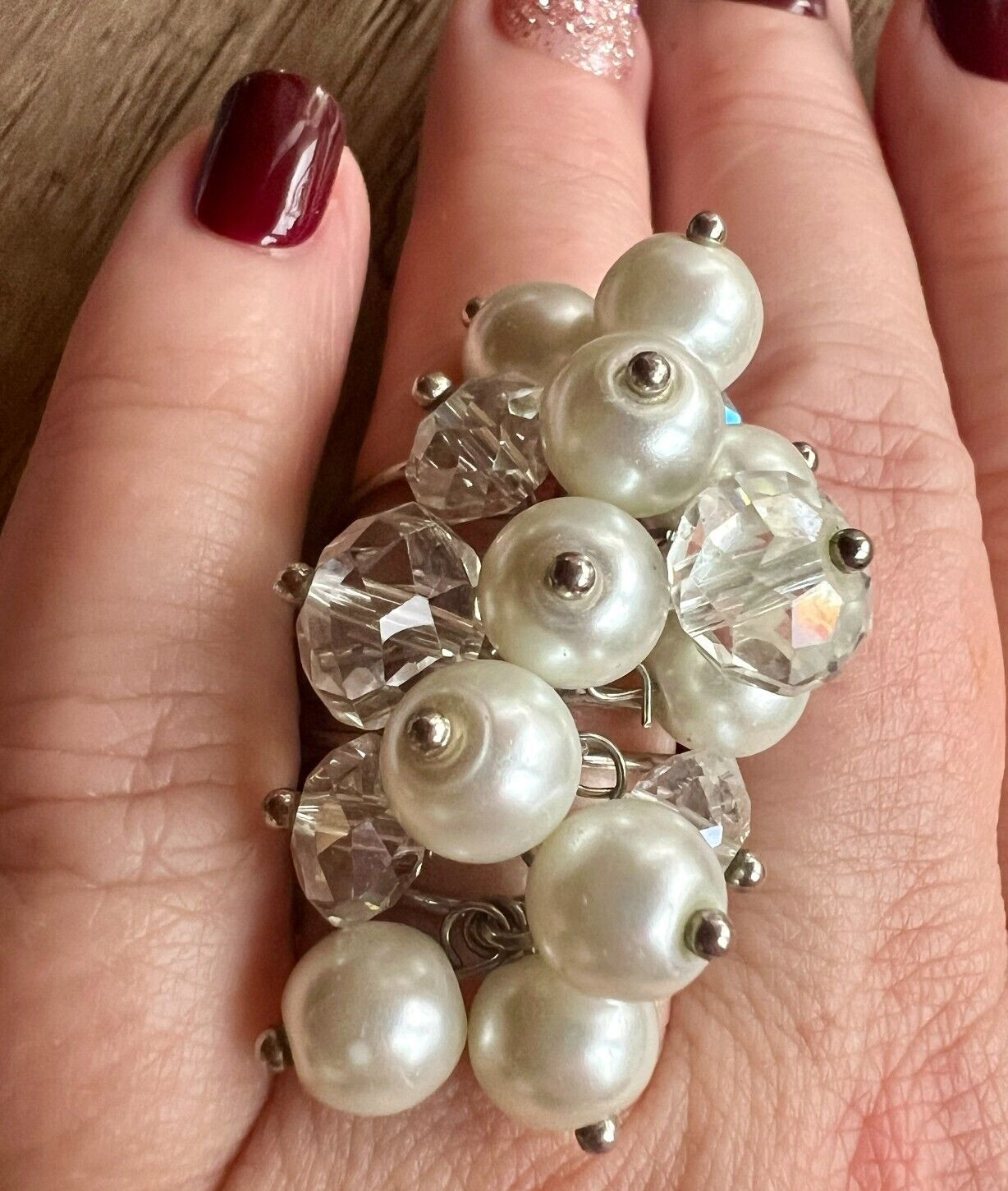 Vintage Faux Pearl & Crystal Cluster Statement Ring Adjustable Multi-Band Unique