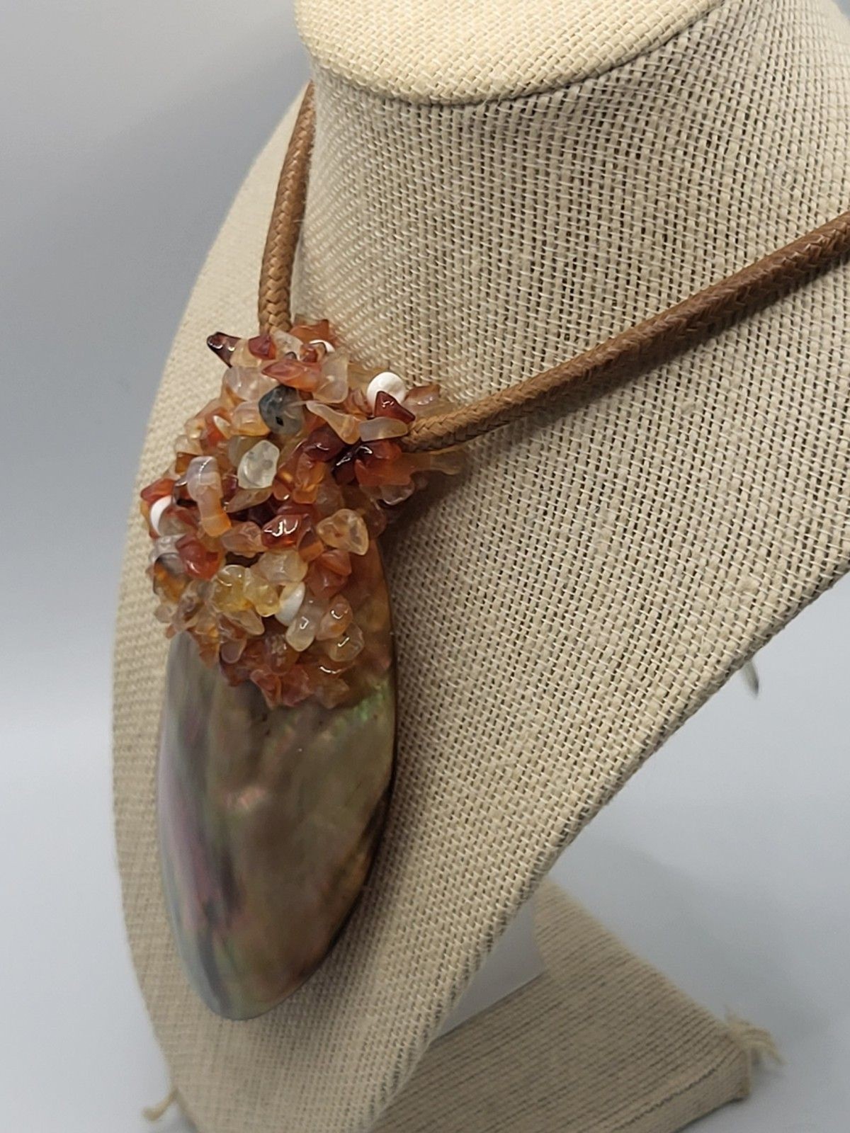 Artisan Iridescent Large Abalone Shell Pendant Corded Necklace Gemstone Chips