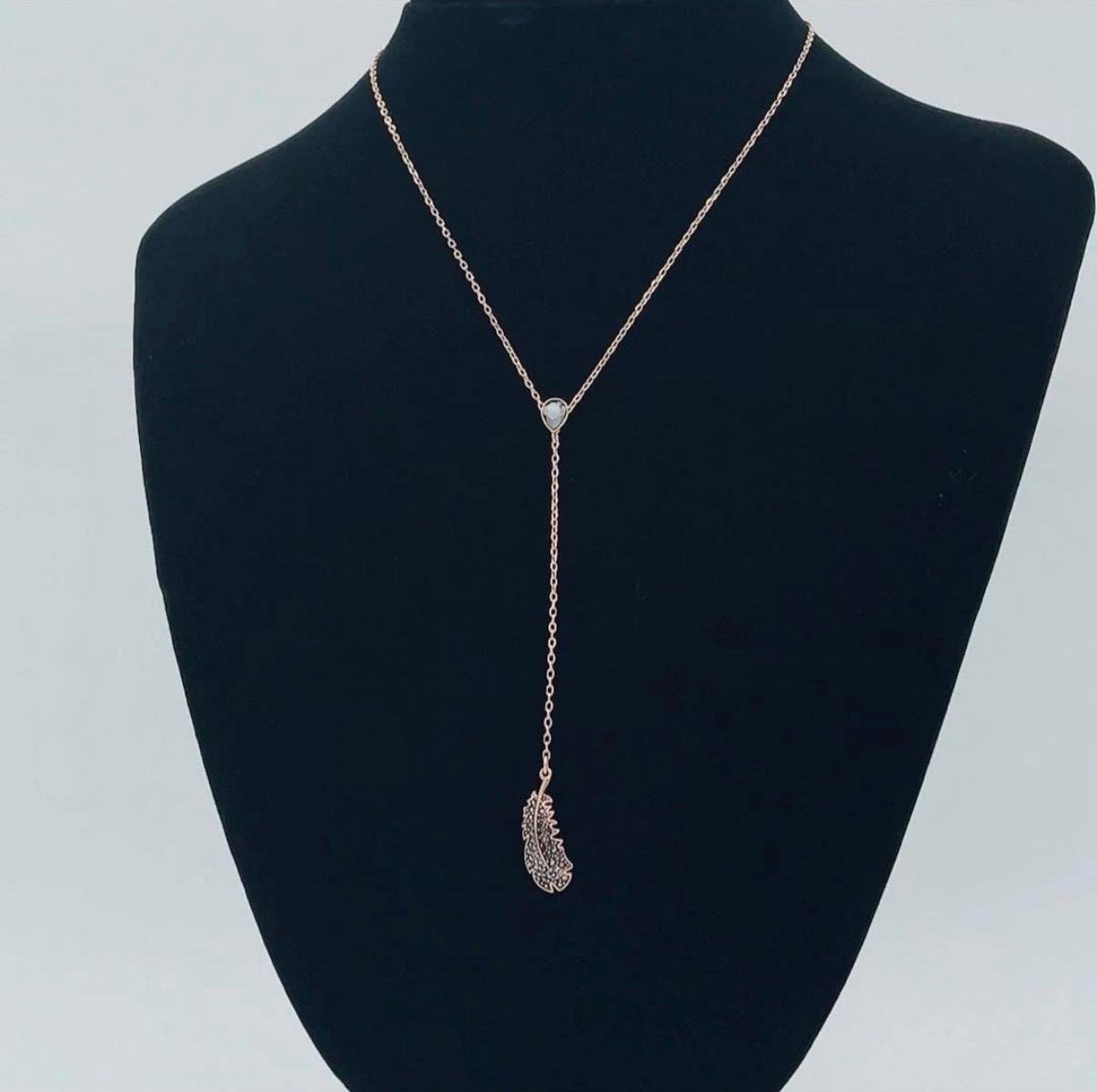 NEW Swarovski Crystal Feather Y Necklace Black Crystal Rose Gold Tone 5495299