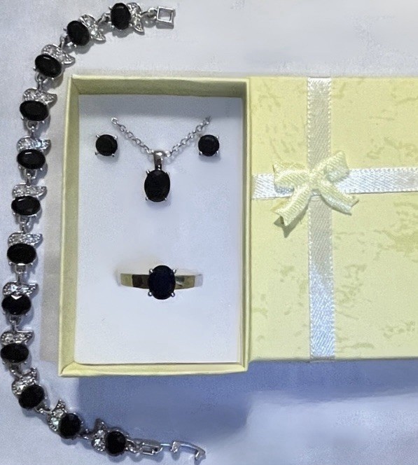 DEAL! Beautiful Black Onyx Necklace, Earrings, Bracelet, & Ring Size 11 Set
