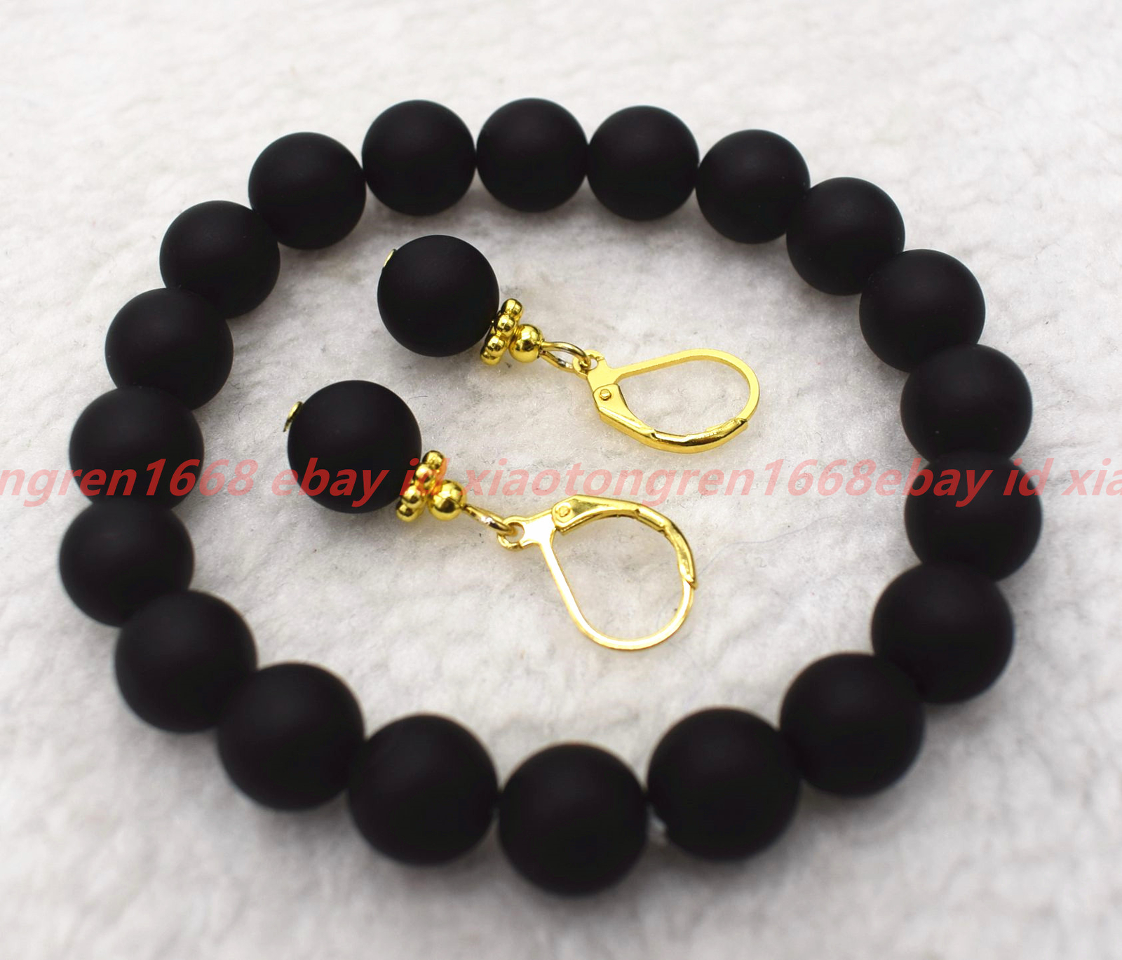 Handmade Natural 6/8/10mm Black Matte Agate Gems Round Bead Bracelet Earring Set