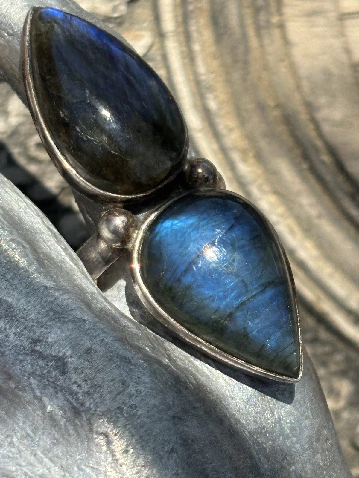 Double pear shaped labradorite gemstone silver ring size 8