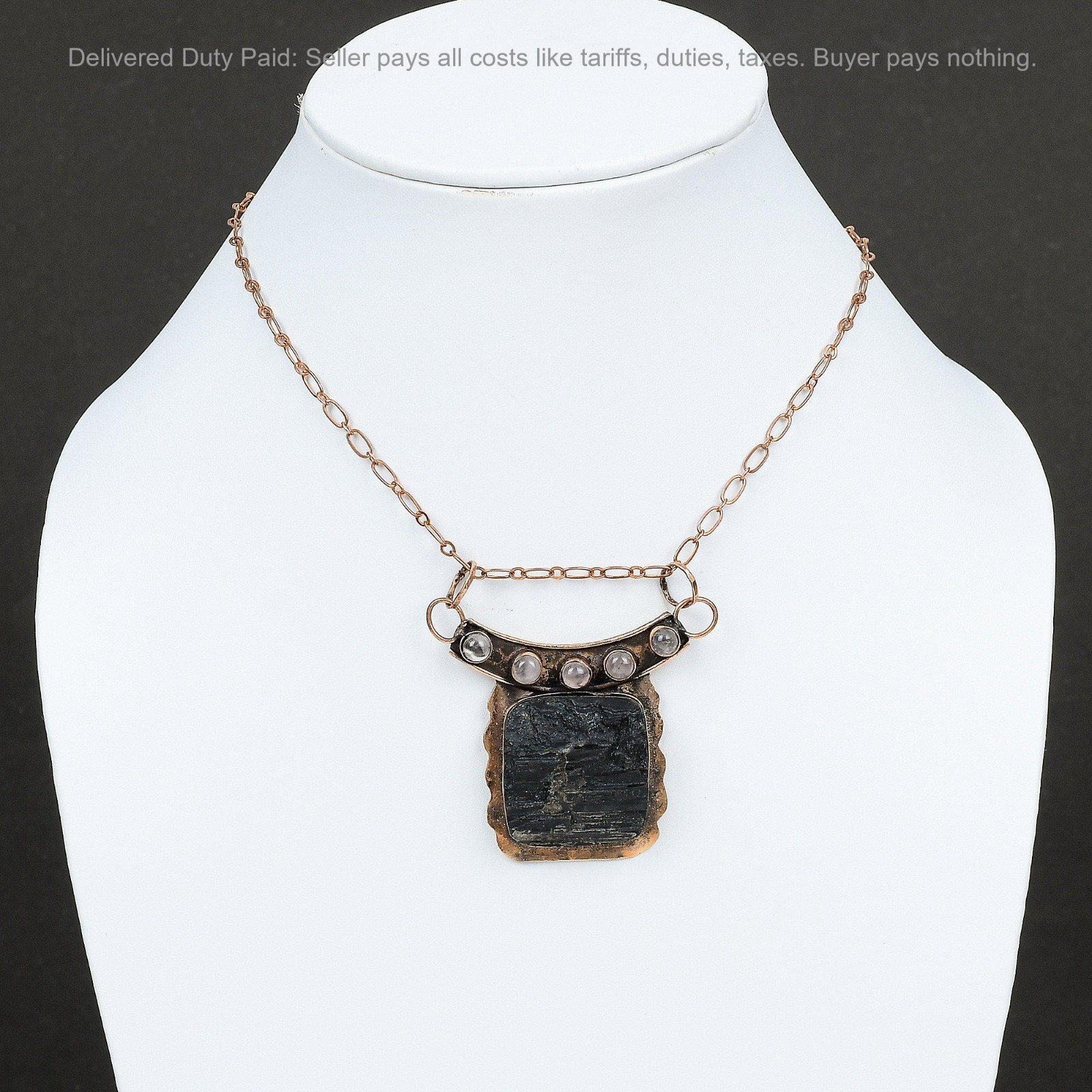 New Year Sale Natural Black Tourmaline Rough Rose Quartz Pendant Jewelry Copper