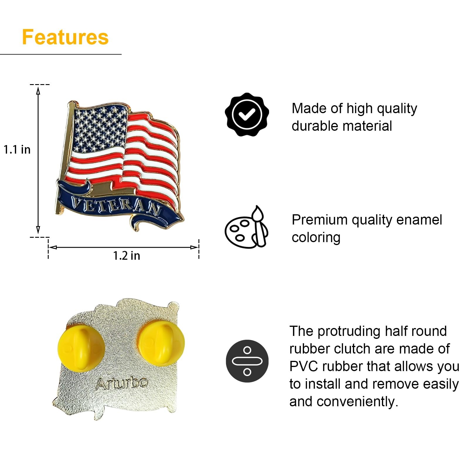 Arturbo for Veteran Pin American Flag Lapel Pins USA Normal, Veteran1pcs gold