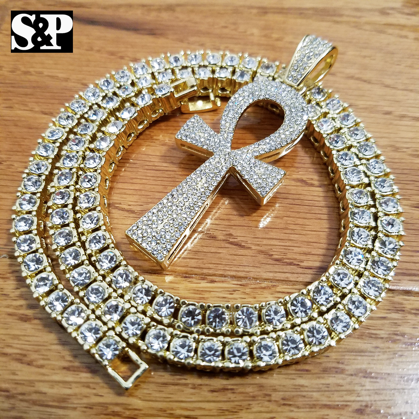 New Hip Hop Ankh Pendant 18″ Full Iced 1 ROW Cubic Zirconia Tennis Choker Chain