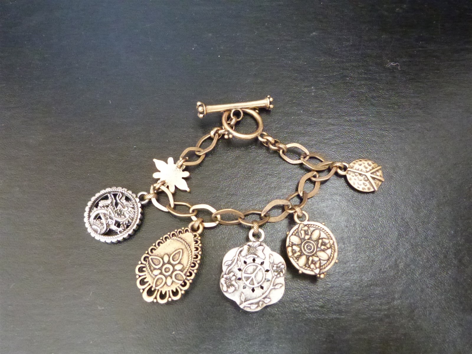 Lucky Brand jewelry lot charm bracelet Asian inspired floral dragon peace sign