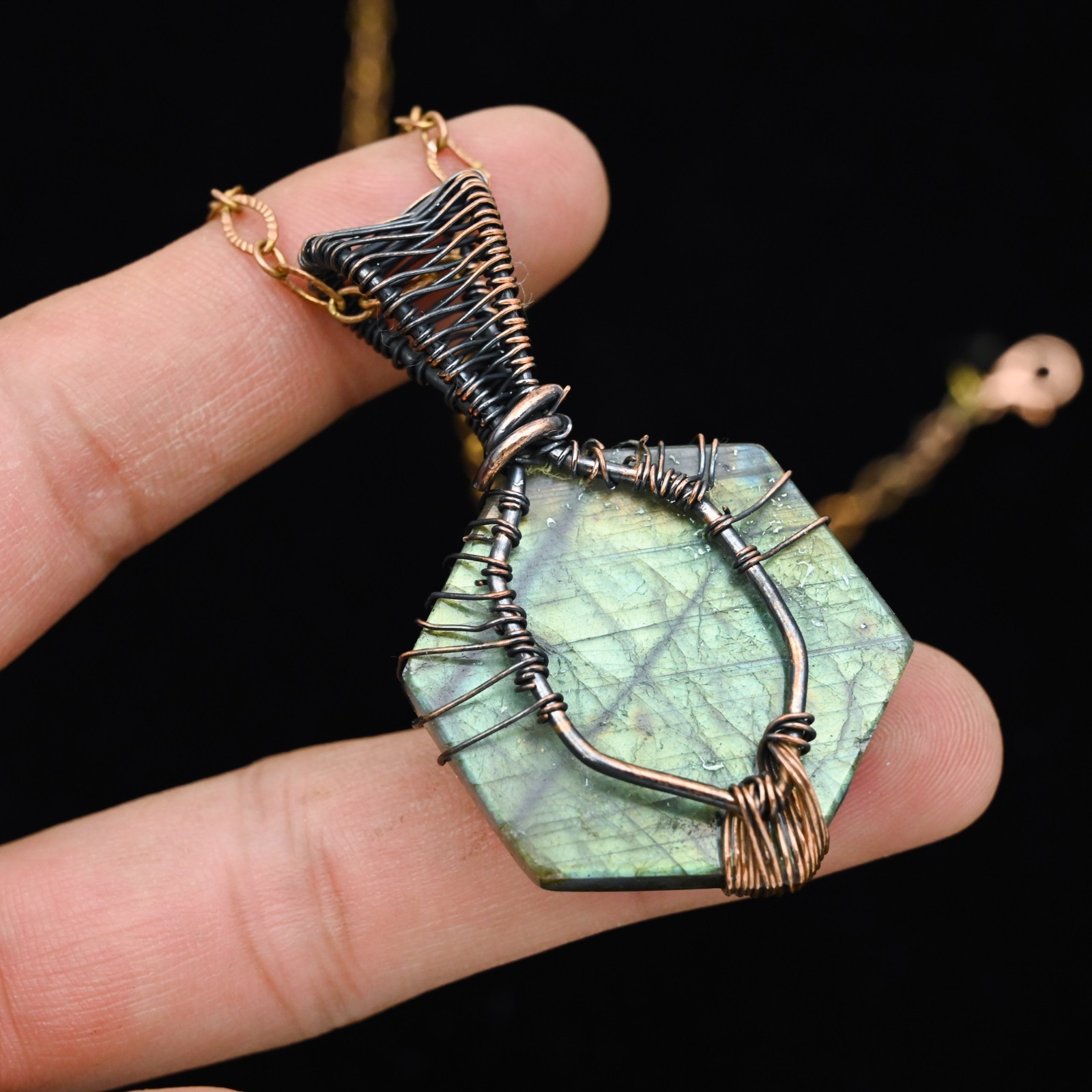 Copper Wire Wrapped Labradorite Hexagon Tree of Life Pendant | Artisan Gemstone